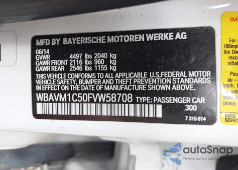 2015 BMW X1 Sdrive28I из США, поврежденный, VIN WBAVM1C50FVW58708